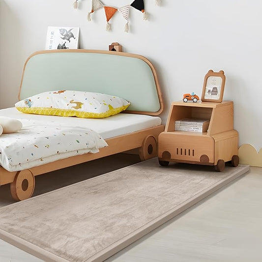 Huloo Sleep Play Mat for Babies Toddlers,1.3" Thick Elasti-Foam Anti-Fall Cushion Mat for Kids Room,28×72 Bedroom Bedside Rugs,Water-Repellent Soft Coral Velvet,Non-Slip(Beige)