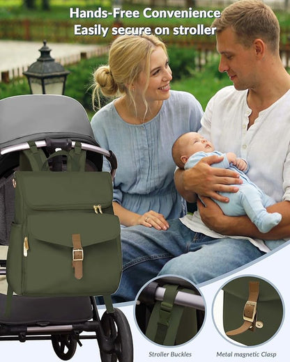 Baby Diaper Bag, Multi-Function Baby Bag for Mom Dad, 15 Pockets Pañaleras para Bebe Stroller Straps, Newborn Baby Essentials Must Haves for Girl Boy Army green