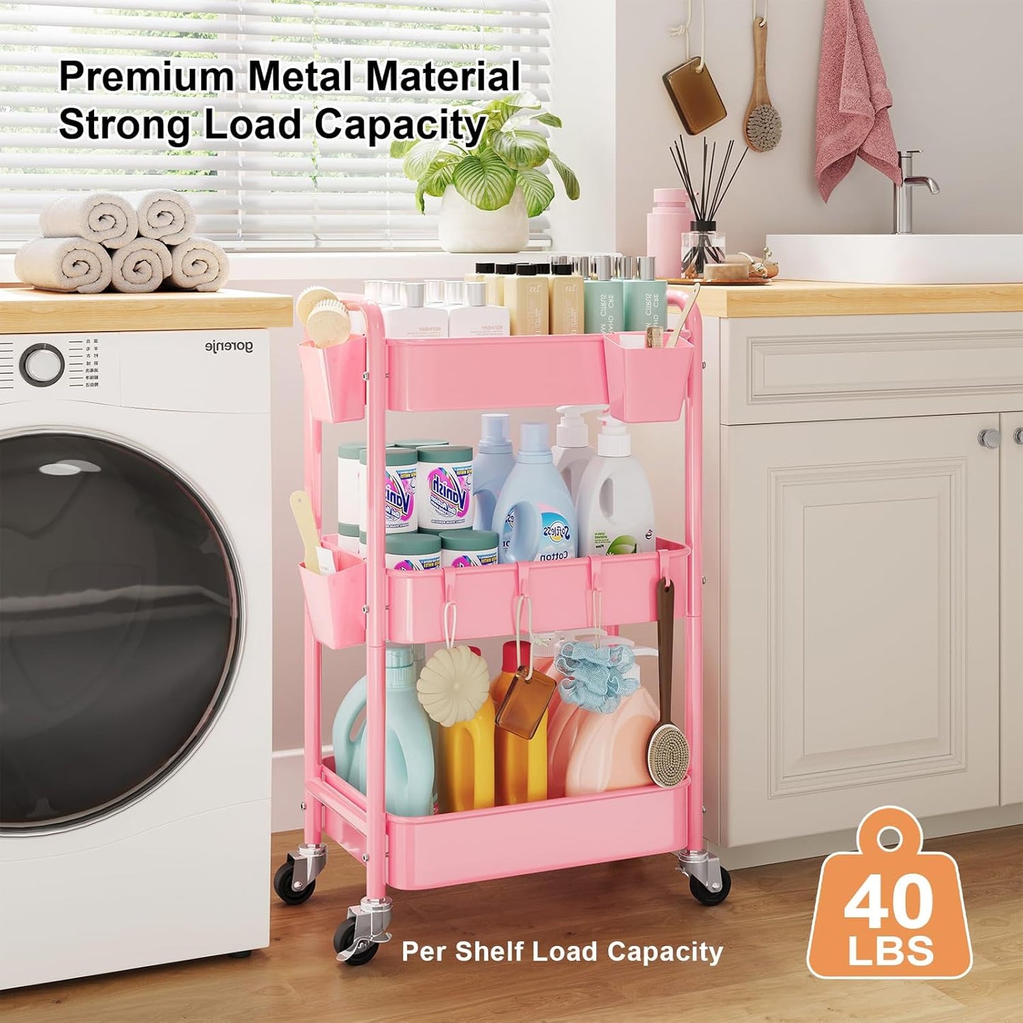 3 Tier Rolling Cart Metal with Lockable Wheels, Pink Three Tiered Diaper Caddy Cart Organizer on Wheels, Storage Utility Trolley Carts for Craft, Art, Nail, Lash, Baby Supplies, Cleaning, Mesh