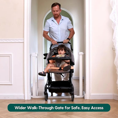Babelio Baby Gate for Doorways and Stairs, 31-36" Pet Gate with Wide Walk Thru Door and Lock Indicator, No Drill Pressure Mounted Safety Gate with Double Lock and Self-Closing, White