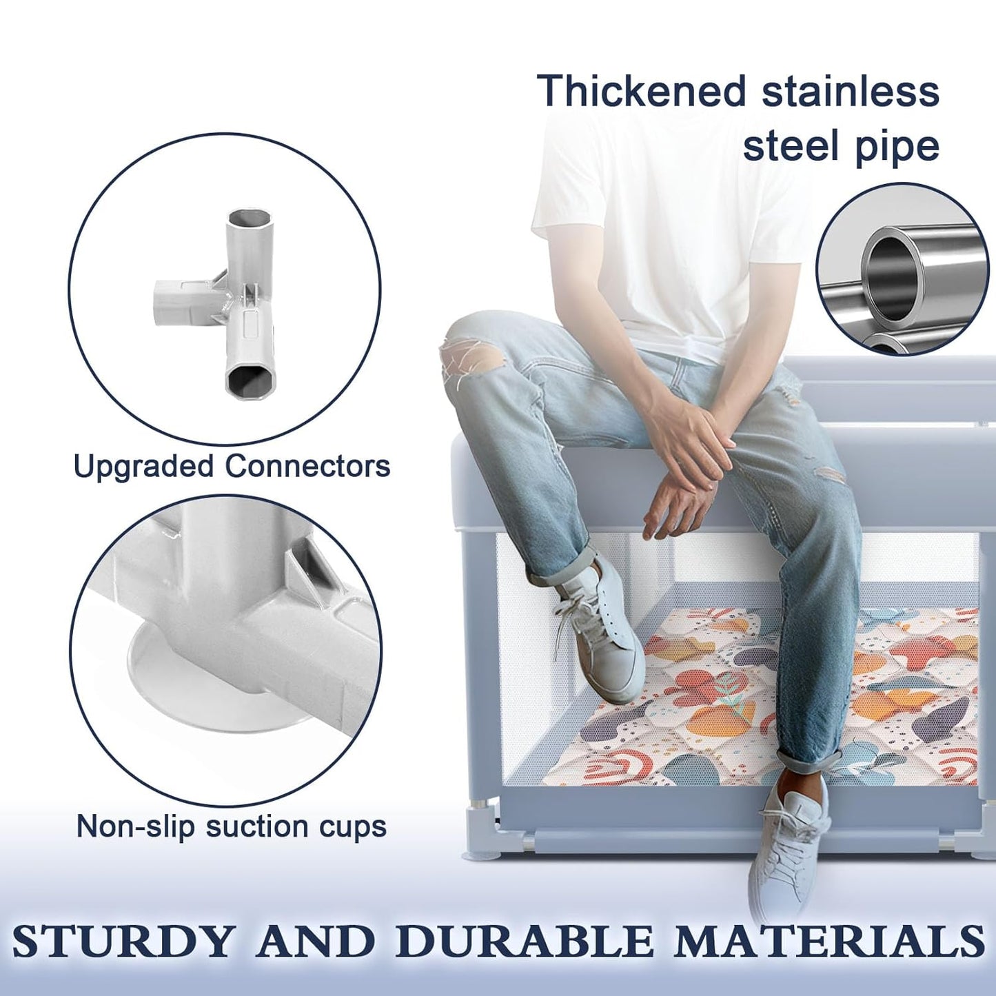XVISHX 65 x 50 Inch Baby Playpen, Playpen for Babies and Toddlers, Baby Play Pen Playard for Indoor & Outdoor Active Center Game Fence, with Skin-Friendly Fabric and Soft Breathable Mesh, Grey
