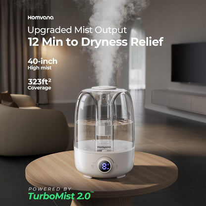Homvana Humidifiers for Bedroom Diffusers - Top Fill 3.5L Cool Mist Humidifier Large Room, 40H Runtime Diffusers for Home, Air Humidifier for Plants, Baby Nursery, Essential Oil Diffusers (White)