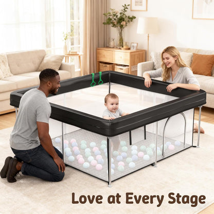 Foldable Baby Playpen, 50"×50" Collapsible Play Yard for Babies and Toddlers, No Assembly Required, Kids Safety Play Area with 4 Handles, 50 Balls and Visible Mesh, Black