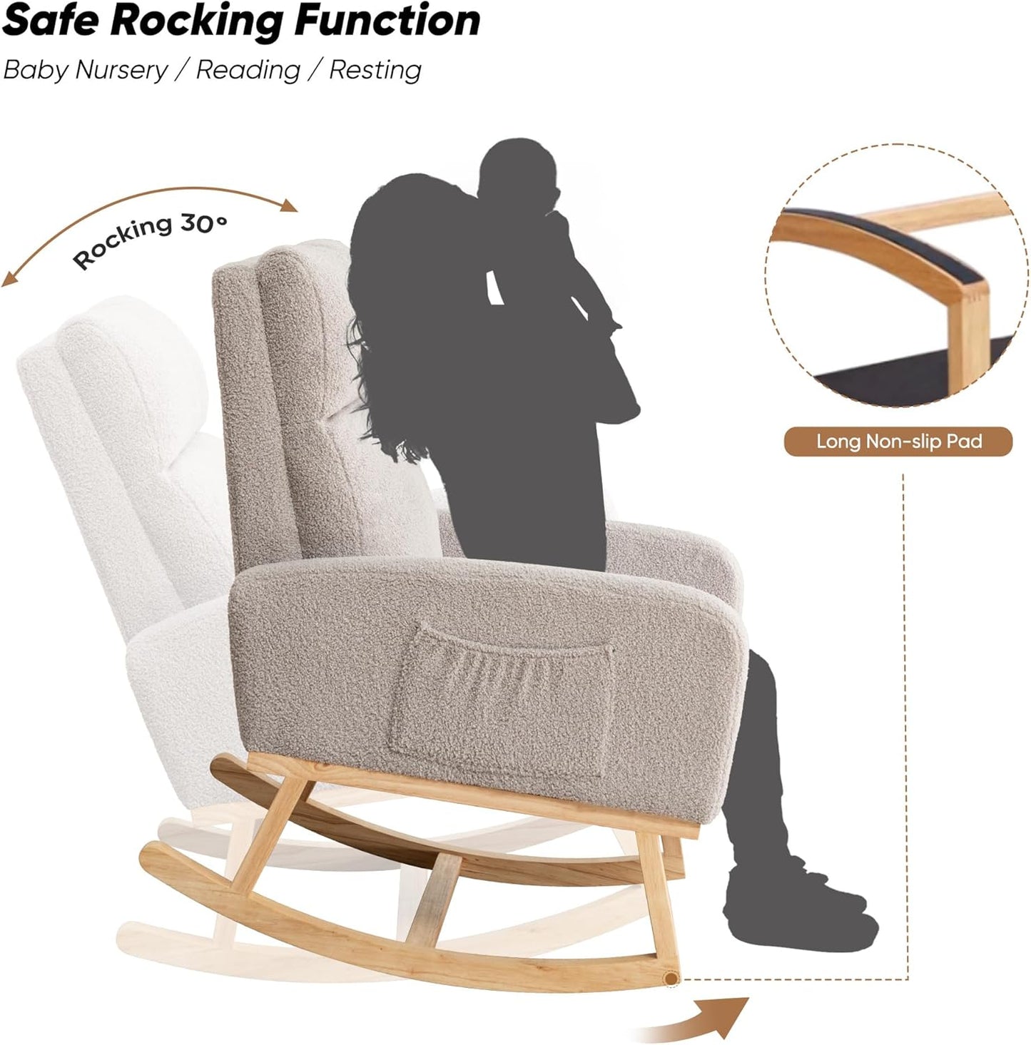 Rocking Chair Nursery, Upholstered Nursing Rocker Chair for Mom with High Backrest and Side Pockets for Bedroom Living Room, Beige