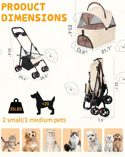 Pet Stroller with Removable Carrier, 35lbs Capacity - One-Click Foldable Dog Stroller, Cat Carrier & All-Terrain Wheels, Compact Travel Pet Stroller for Small to Medium Pets-Gray