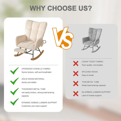 Rocking Chair Nursery with Airbag, Comfy Modern Nursery Rocking Reading Chair indoor with Footrest, Cozy Upholstered Glider Rocker Chairs for Living Room Bedroom Offices(Chenille, Dark Grey)