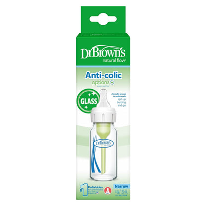 Dr. Brown's Anti-Colic Options+ Narrow Glass Baby Bottle with Level 1 Slow Flow Nipple, BPA-Free, 8 oz/250 mL, 0m+, 4-Pack (Packaging May Vary)