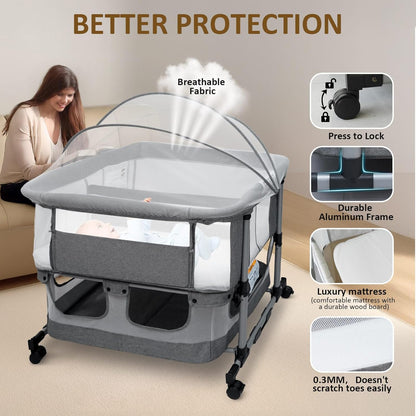 Twin Bassinet for 2 Babies, Double Bassinet for Twins, Baby Bassinet with Wheels, Full-Mesh Sides, 5-Height Adjustable, Portable and Stable Baby Crib for Newborns (Basic Grey)