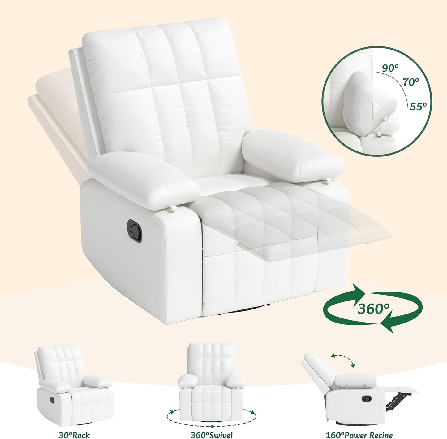 AILEEKISS Nursery Glider Recliner Rocking Chair w/Adjustable Armrests, Oversized 360° Swivel, 30° Rocker, 90°-160° Recline, White Leather Reclining Nursing Living Room Chair for Breastfeeding Bedroom