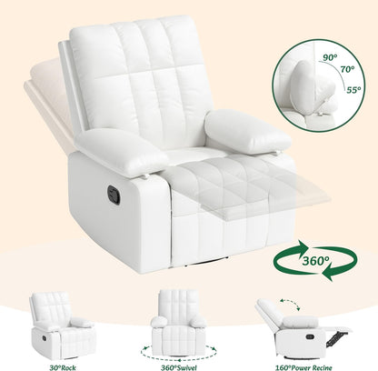 AILEEKISS Nursery Glider Recliner Rocking Chair w/Adjustable Armrests, Oversized 360° Swivel, 30° Rocker, 90°-160° Recline, White Leather Reclining Nursing Living Room Chair for Breastfeeding Bedroom