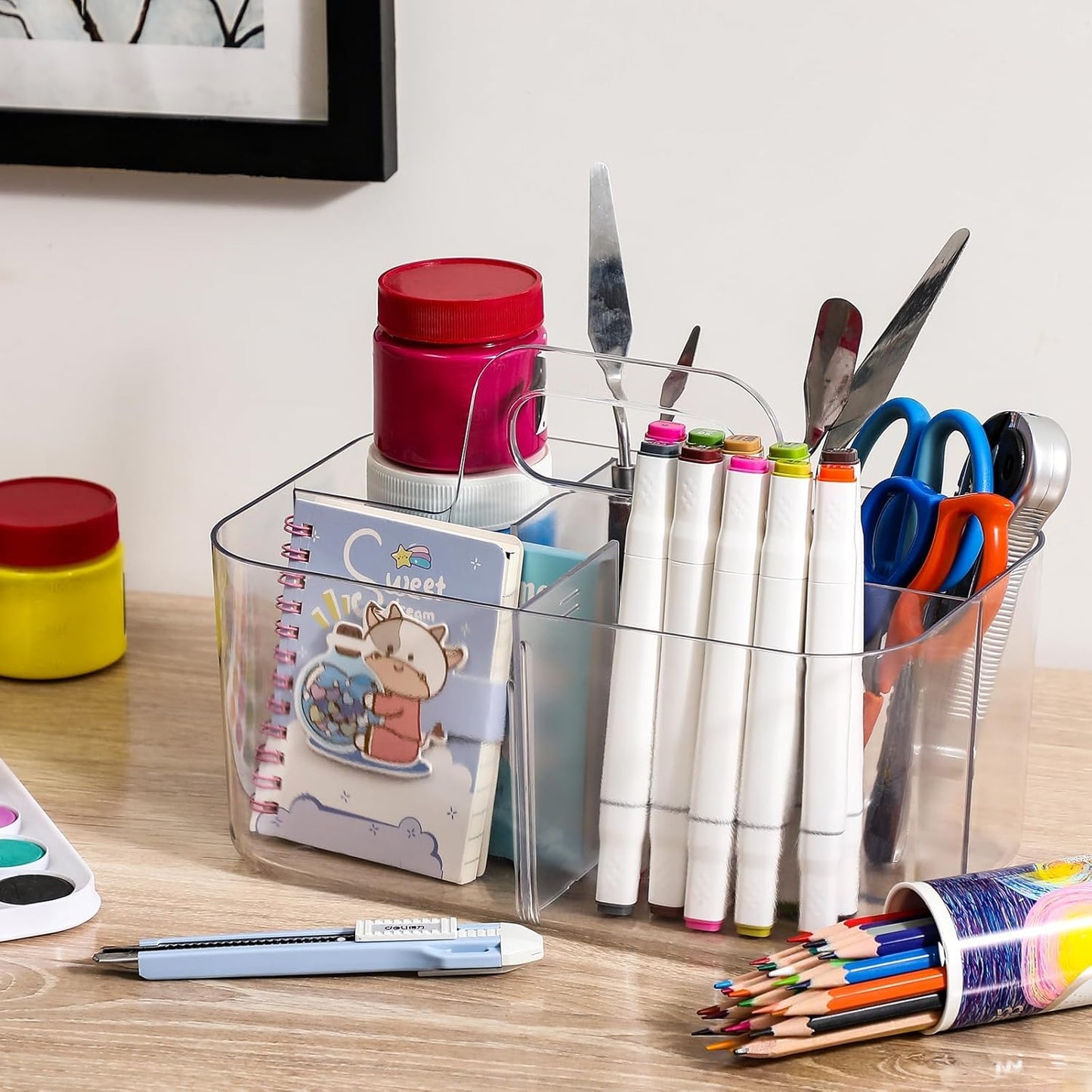 Multiuse Caddy Organizer with Handle, Portable Divided Plastic Tote Bin - Art Craft, Stationary Pen Marker Crayons, Makeup Hair Supplies Storage - Bathroom, Classroom, Dorm, Office, Desk Holder - Pink