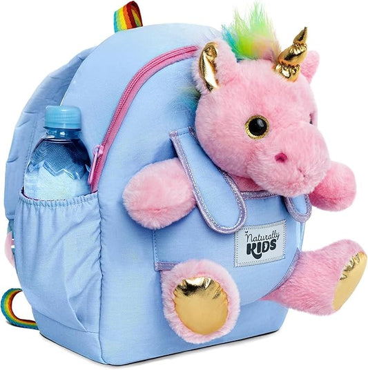 Naturally KIDS 【Upgraded】 Medium Backpack w Removable Pink Unicorn Toy for Girls Age 4-7 | Side & Inner Pockets, Reflective Logo, Name Tag | Unicorn Gifts for 5 Year Old Girls – Medium size