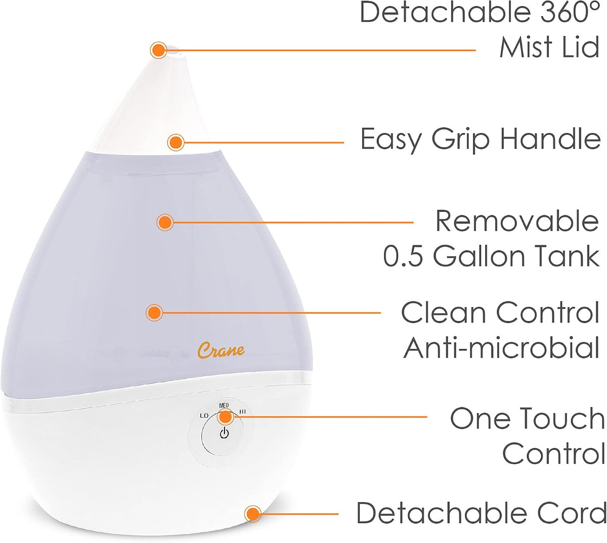 Droplet Ultrasonic Small Air Humidifiers for Bedroom and Office, 0.5 Gallon Cool Mist Humidifier for Plants and Home, Humidifier Filters Optional, White
