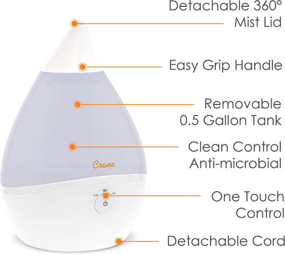 Droplet Ultrasonic Small Air Humidifiers for Bedroom and Office, 0.5 Gallon Cool Mist Humidifier for Plants and Home, Humidifier Filters Optional, White
