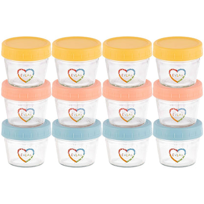 EVLA'S Baby Food Containers 12-Pack - 4 oz Glass Jars with Lids - BPA-Free, Microwave, Freezer, and Dishwasher Safe Glass Baby Food Jars or Toddler Snack Containers for Kids Purees or Breastmilk