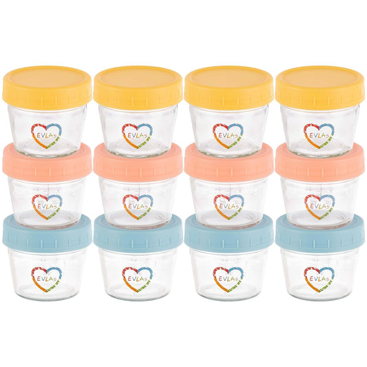 EVLA'S Baby Food Containers 12-Pack - 4 oz Glass Jars with Lids - BPA-Free, Microwave, Freezer, and Dishwasher Safe Glass Baby Food Jars or Toddler Snack Containers for Kids Purees or Breastmilk
