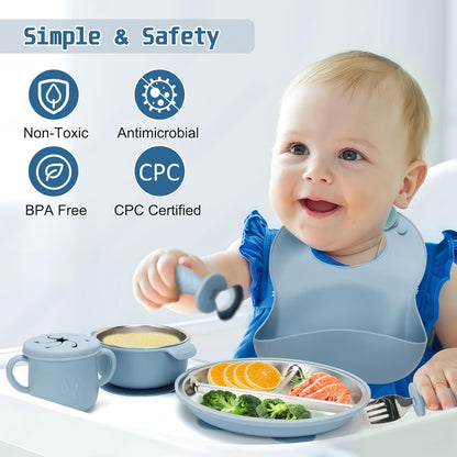 MISSLILI Stainless Steel Kids Plates and Bowls Set with Suction, Divided Baby Plate and Toddler Bowl with Removable Silicone Suction,Stainless Steel Weaning Bundle, Silicone Baby Feeding Set (Pink)