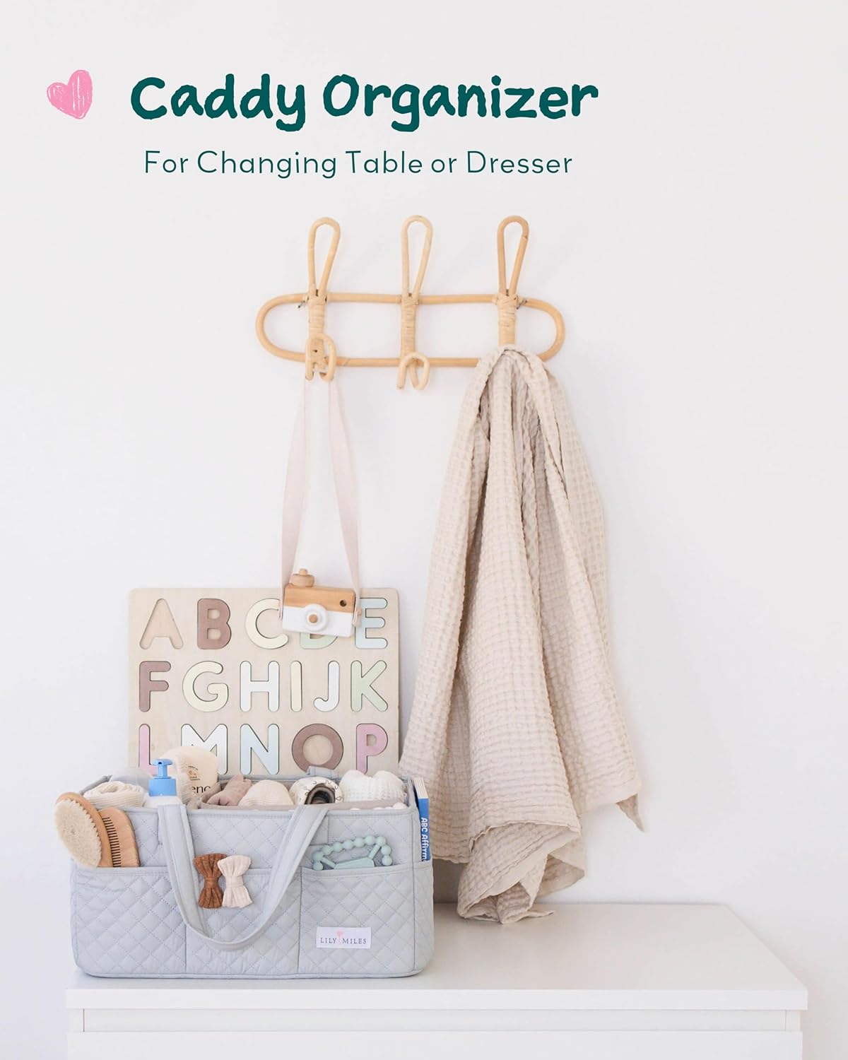 Lily Miles Baby Diaper Caddy Organizer, Quilted Nursery Storage Basket for Newborn Essentials and Diaper Changing Station, Gift for Baby Shower and Registry Must-Have (Willow Green)