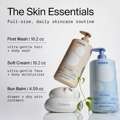 Coterie Baby Dry Skin Skincare Essentials Set | 16.2 oz Face + Body Lotion, 4.7 oz Diaper + Dry Skin Balm | Fragrance Free, Safe for Sensitive Skin, Hypoallergenic, Microbiome Friendly, Eczema Safe