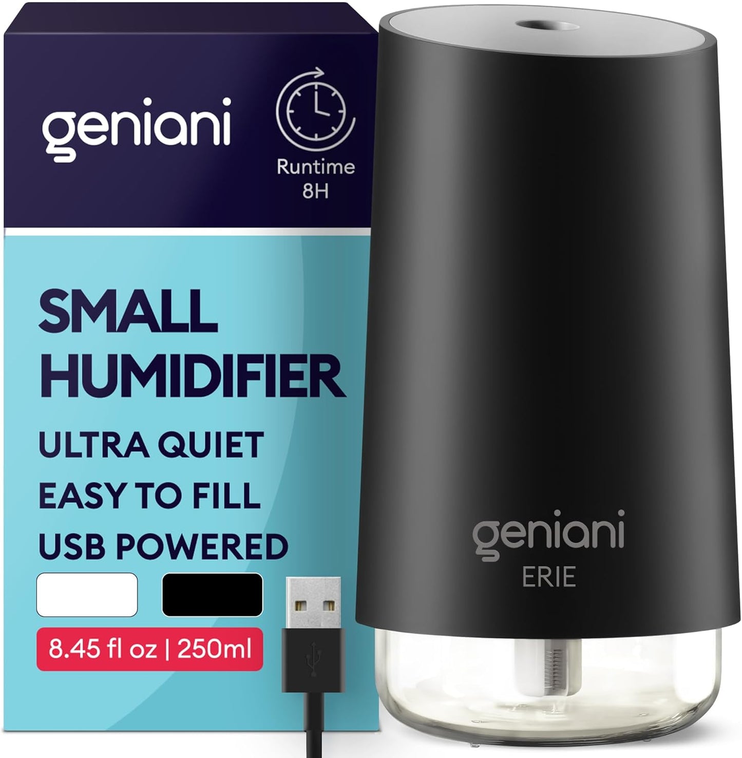 GENIANI Portable Cool Mist Humidifiers for Bedroom & Office - Ultrasonic Humidifier for Home, Baby, Small Room with Auto Shut Off, 250ML Easy to Clean Water Tank