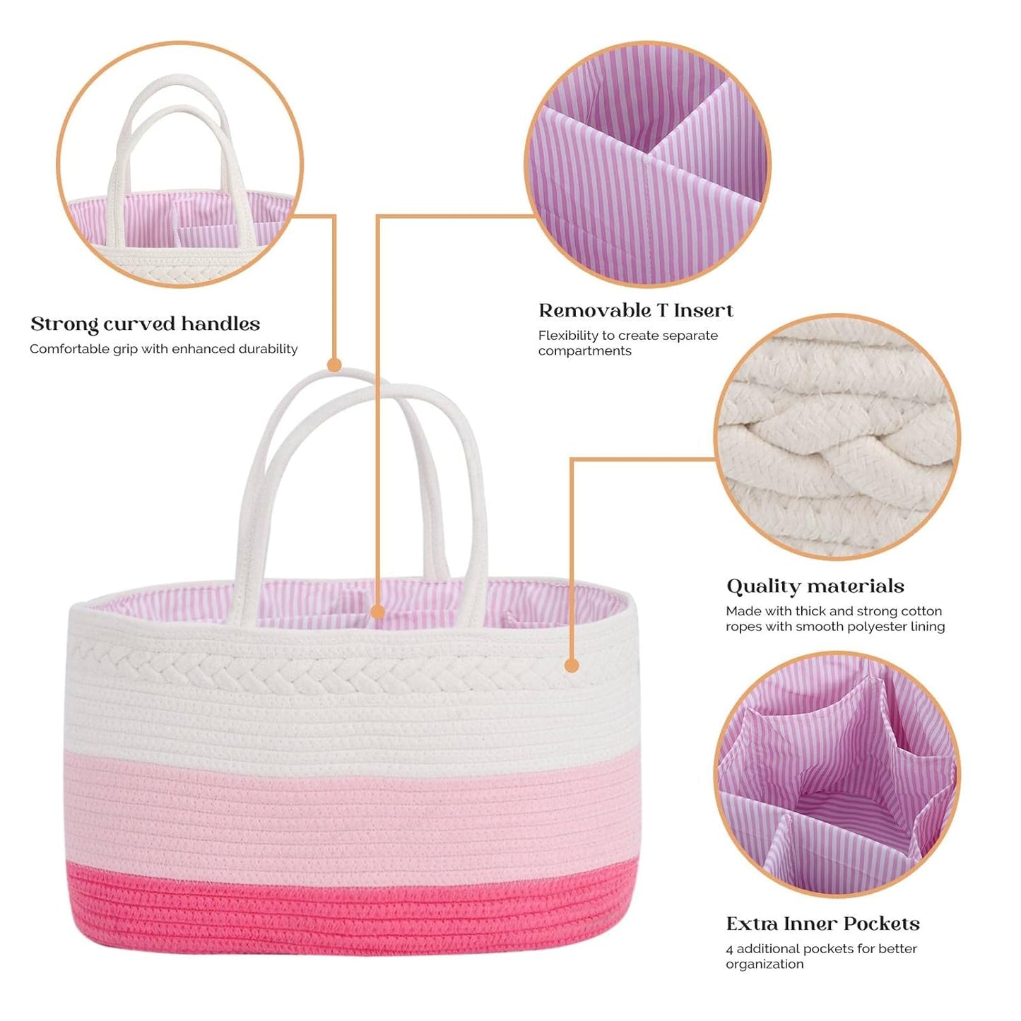 luxury little Diaper Caddy Organizer, Large Cotton Rope Nursery Baby Basket, Changing Table Organizer for Baby Diaper Storage, Portable Car Organizer Removable Divider (Off White, Large)