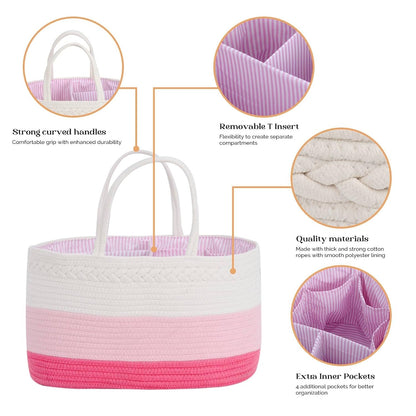 luxury little Diaper Caddy Organizer, Large Cotton Rope Nursery Baby Basket, Changing Table Organizer for Baby Diaper Storage, Portable Car Organizer Removable Divider (Off White, Large)
