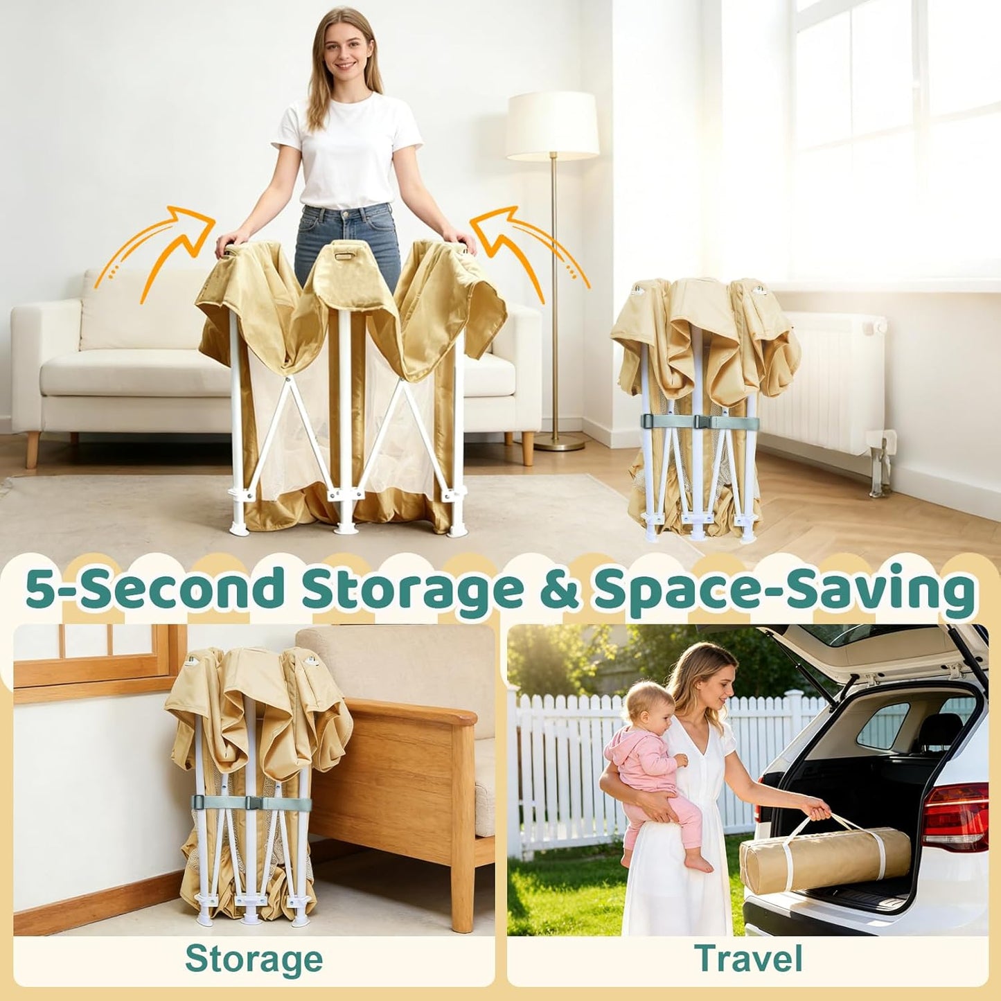 Foldable Playpen for Babies and Toddlers - 50x50 Inches Playpen with Mat - Kids Collapsible Playard with Storage Bag for Indoor & Outdoor - Baby Fence with 30 Ball & Gate - Khaki