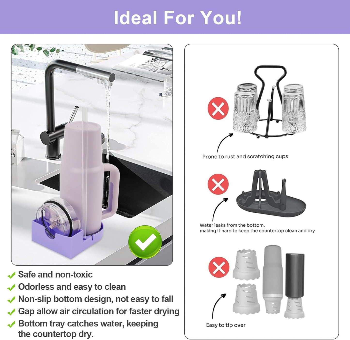 Water Bottle Drying Rack, Silicone Tumbler Drying Rack, Baby Bottle Dryer Holder, Cup Dryer for Stanley 20/30/40 oz, Mugs, Glasses