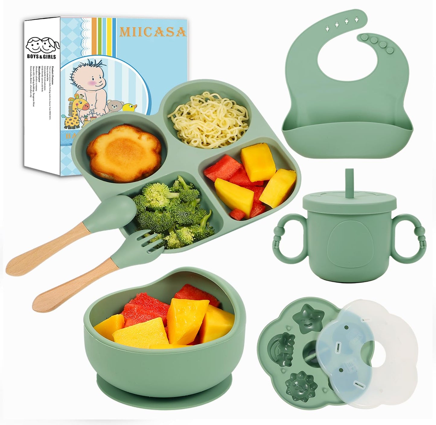 Silicone Baby Feeding Set, Baby Led Weaning Supplies, Baby Food Tableware Silicone Suction Plate, Bowl, Spoons, Fork, Waterproof Bib, Cup & Complementary Food Cake Mold, Baby Eating Utensils