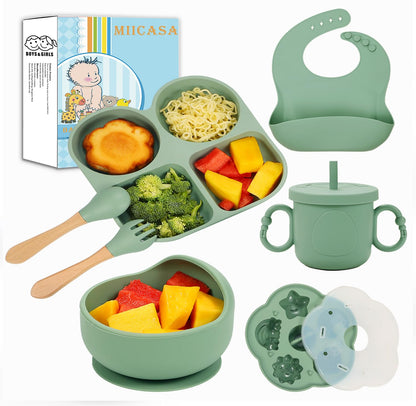 Silicone Baby Feeding Set, Baby Led Weaning Supplies, Baby Food Tableware Silicone Suction Plate, Bowl, Spoons, Fork, Waterproof Bib, Cup & Complementary Food Cake Mold, Baby Eating Utensils