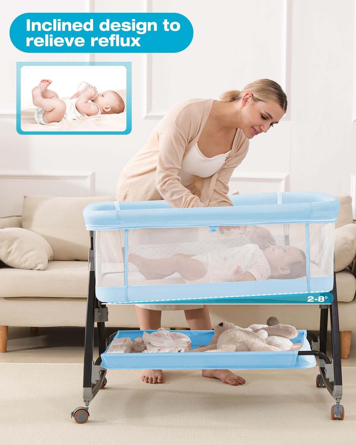 Bedside Bassinet for Baby, 3 in 1 Breathable Mesh Baby Bassinet, 6 Height Adjustable, Easy to Assemble, Bassinet Bedside Sleeper with Wheels, Mosquito Net, Storage Basket, Bassinets for Newborn Baby | Multi-functional