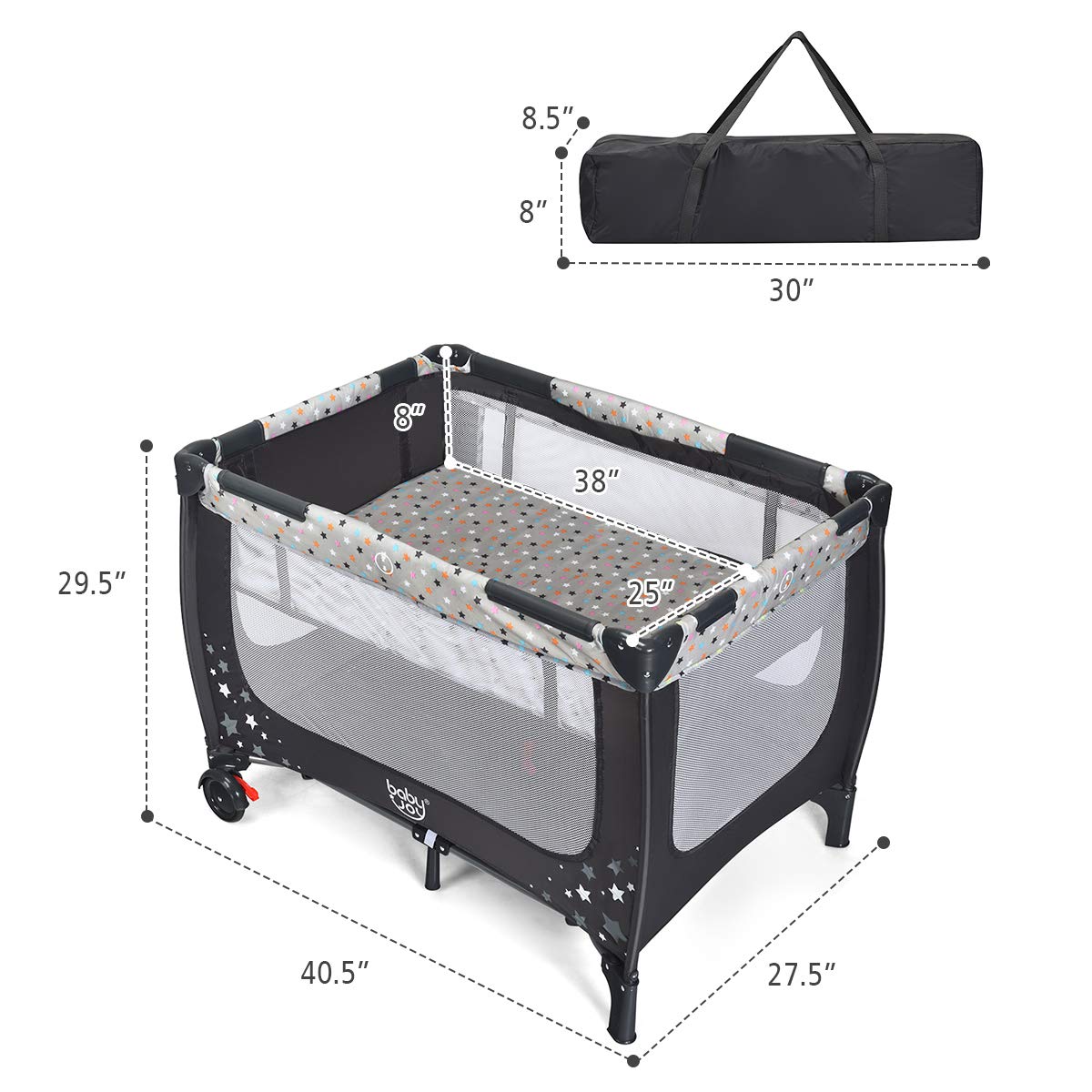 BABY JOY 3 in 1 Pack and Play, Portable Baby Playard with Bassinet, Changing Table, Lockable Wheels, Glowing Music Box, Travel Baby Crib Bassinet Bed from Newborn to Toddler