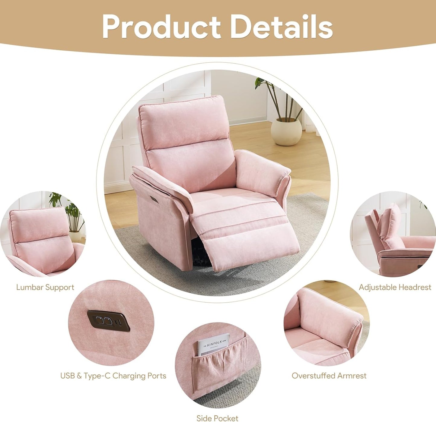 Oversized Swivel Rocker Recliner with Adjustable Headrest, Rocking Chair Nursery with Overstuffed Armrest, Manual Rocker Recliner Nursery Chair for Living Room, White