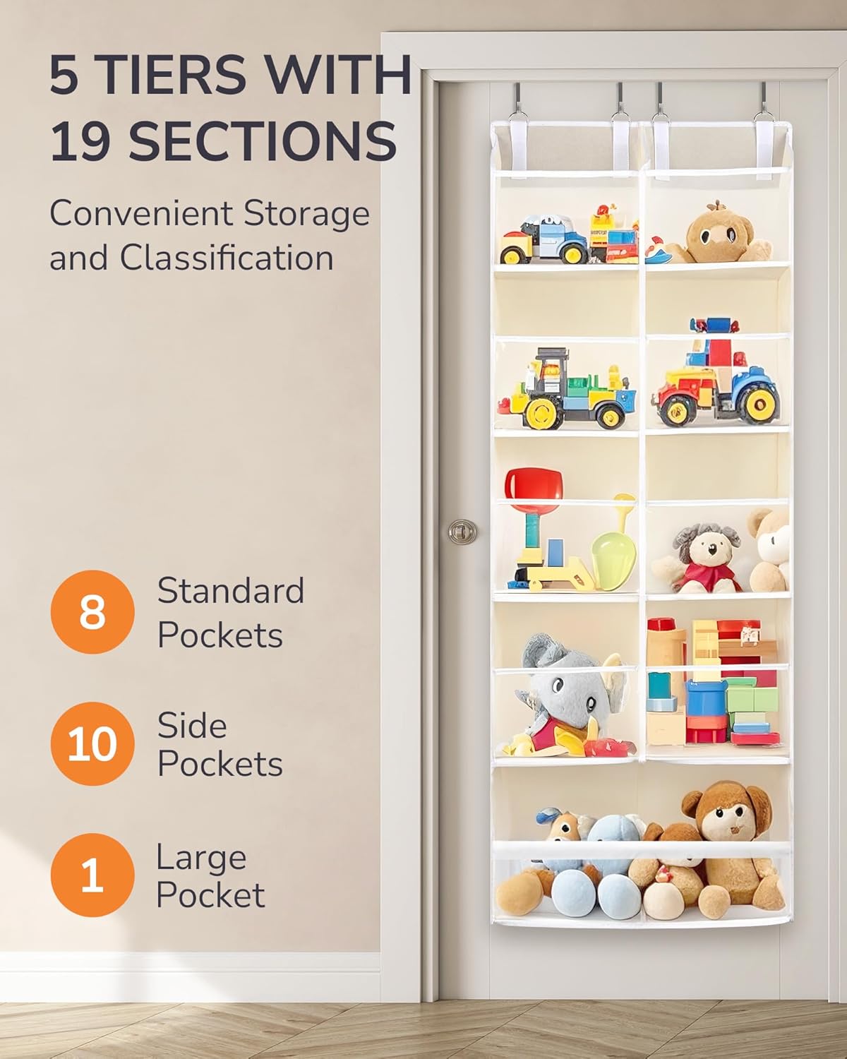 ULG 1 Pack Over Door Organizer with 5 Large and 10 Mesh Side Pockets, 44 lbs Weight Capacity Hanging Storage with Clear Window Kids Toys, Shoes, Diapers, Dark Grey, 5 Layers