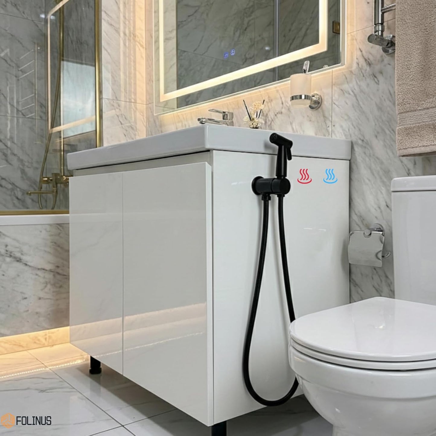 Handheld Bidet Sprayer for Toilet Warm Water Mounted on The Bathroom Vanity，Stainless Steel Hot and Cold Bidet Sprayer with Brass Mixing Valve for Feminine Hygiene (Chrome)