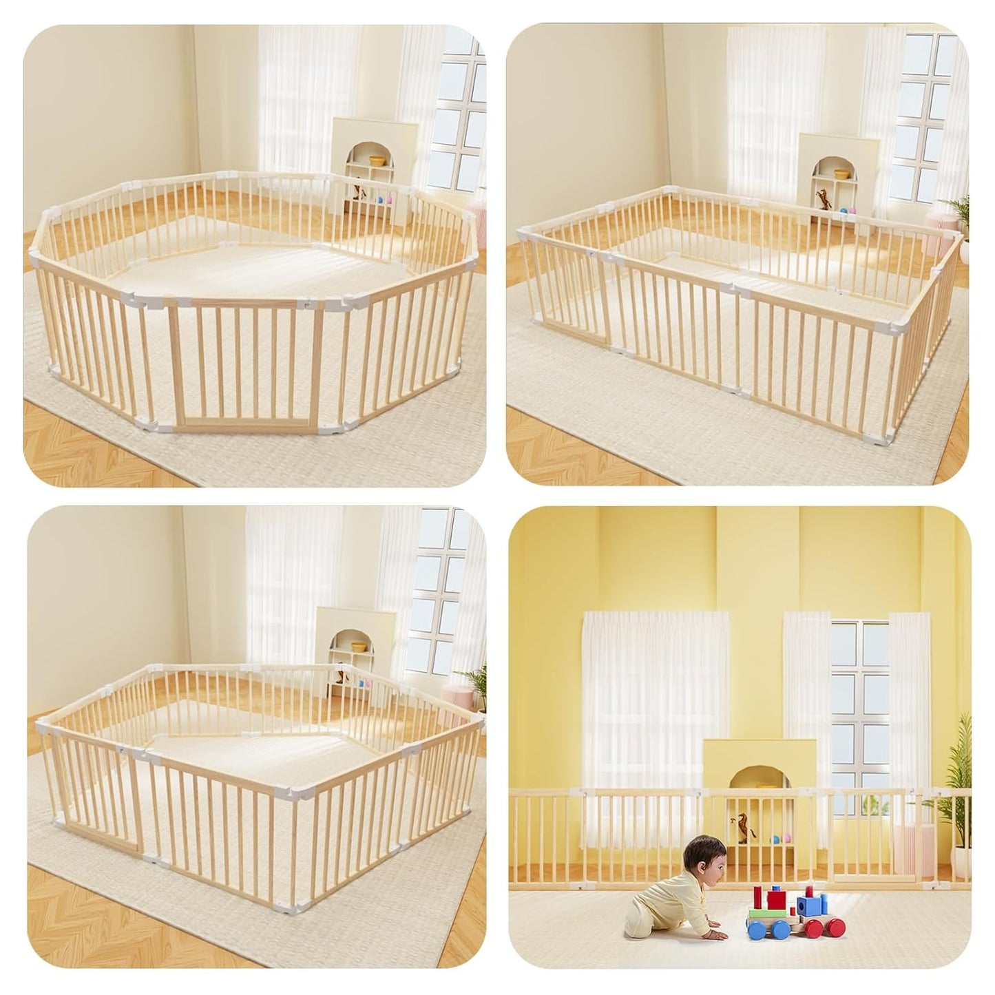 Baby Playpen, Foldable Wooden Play Yard with Gate, Playpen for Babies and Toddlers, Adjustable Baby Activity Center with Child Proof Lock, Fence Play Area for Toddlers 6 to 36 months(56*83*24inch)