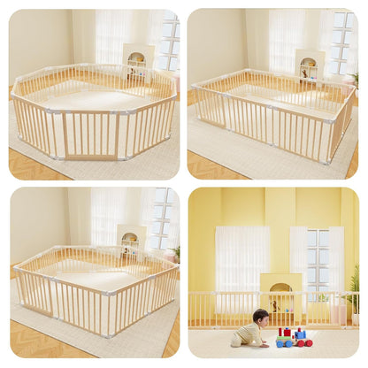 Baby Playpen, Foldable Wooden Play Yard with Gate, Playpen for Babies and Toddlers, Adjustable Baby Activity Center with Child Proof Lock, Fence Play Area for Toddlers 6 to 36 months(56*83*24inch)