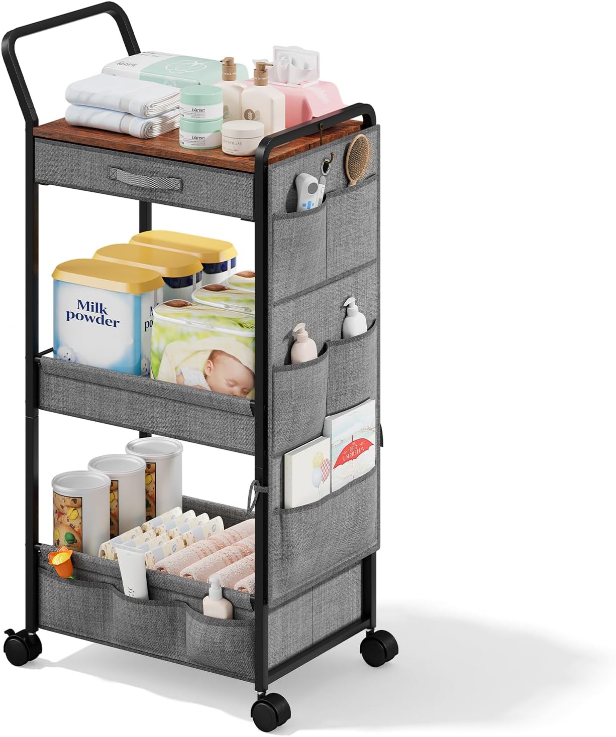 BBLIKE 3-Tier Diaper Caddy Organizer - Rolling Utility Baby Cart with Drawer and Side Pockets for Nursery and Baby Essentials, Multi-Function Cart for Bedroom and Bathroom, White