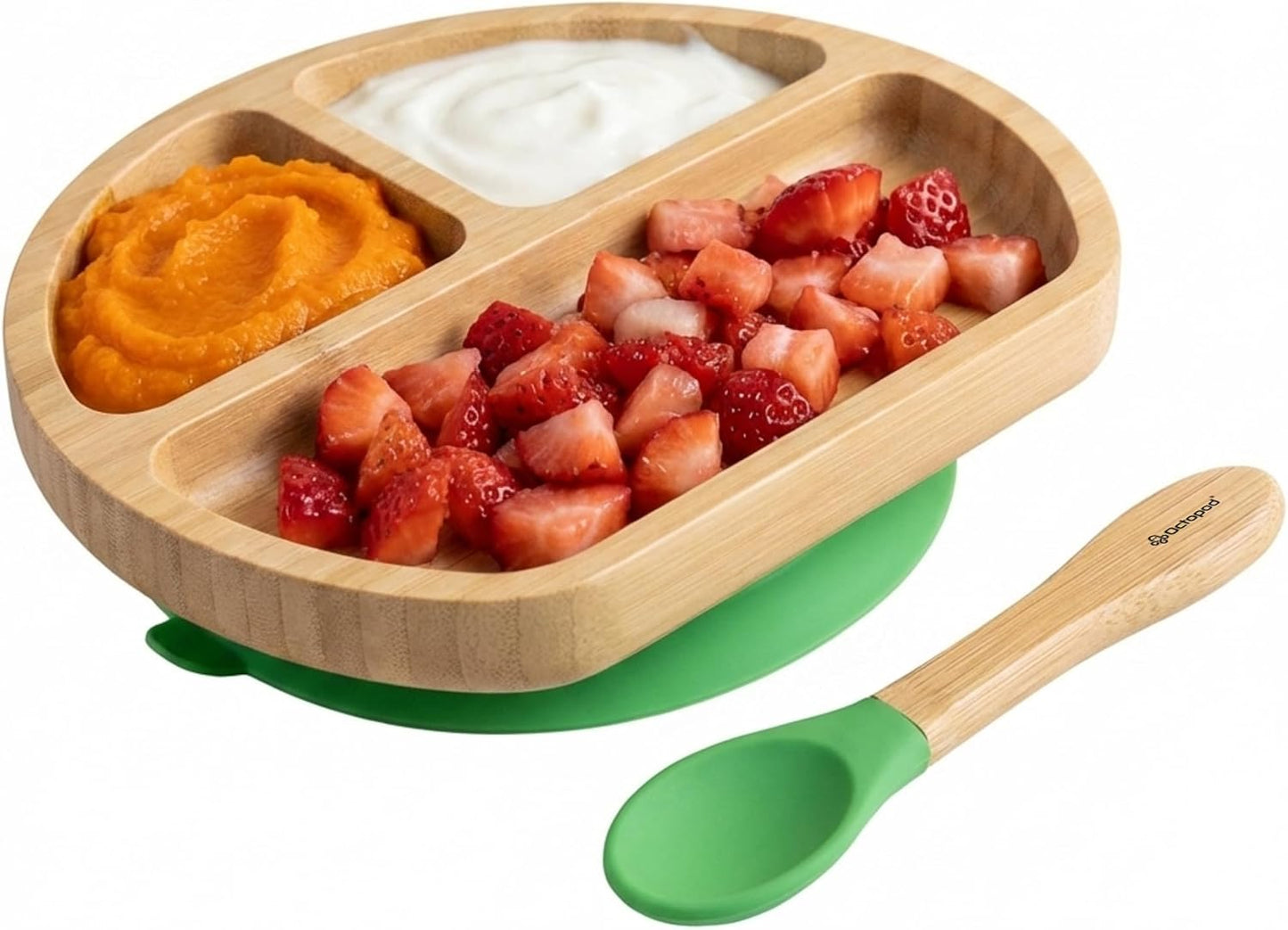 Abiie Octopod Bamboo Dish - Kids Plates for 4 months and up, 3-Compartment Baby Plates with Suction, Triangle Bamboo Baby Plate, Mess-Free Toddler Suction Plates, Baby Feeding Supplies, 8.3x1.9x7.7 in