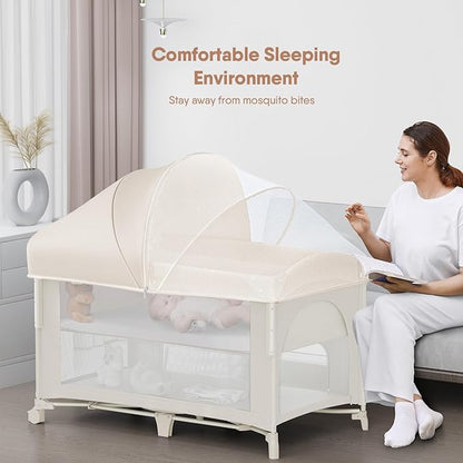 Obee Odee 4 in 1 Baby Bassinet, Pack and Play, Bedside Crib Sleeper, Diaper Changer - Comes with Mattress, Mosquito Net, Bottom Storage and Toy Bar for Newborn to Toddles
