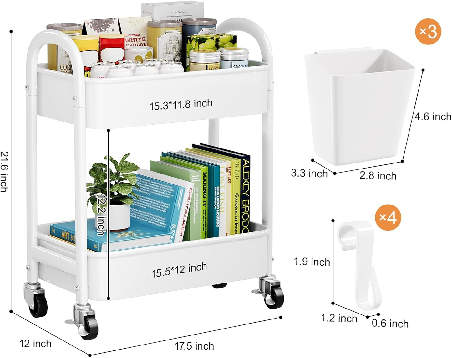 3 Tier Heavy Duty White Metal Rolling Cart with Lockable Wheels, Three Tier Roller Book Snack Cart, Utility Storage Organizer Carts for Kitchen, Bathroom, Garage, Baby Diaper, Craft, Art, Teacher