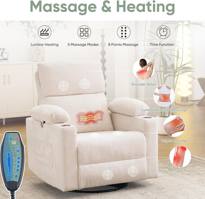 Rocking Chair Nursery with Adjustable Armrest for Breastfeeding, Glider Recliner Nursery Chair with Massage and Heat, Power Swivel Rocker Recliner with Adjustable Headrest, Corduroy, Beige