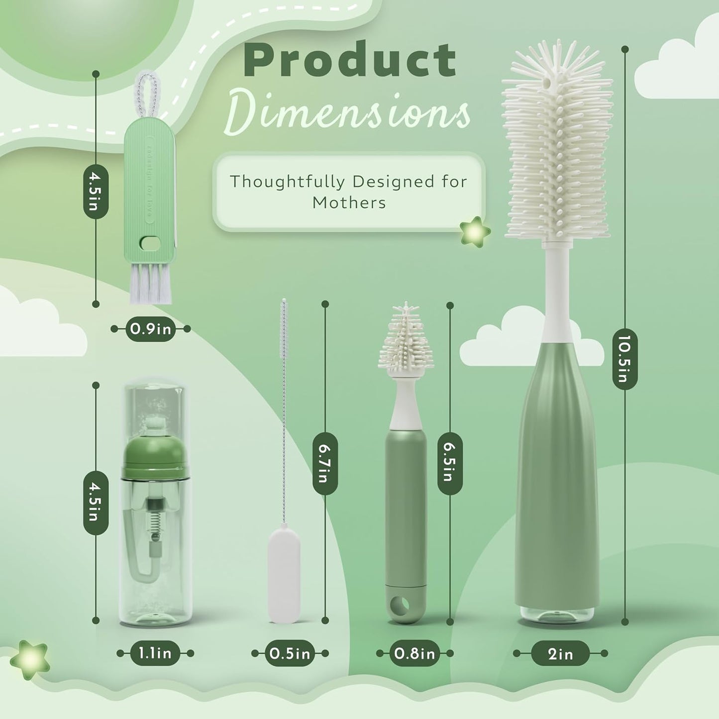 Bottle Cleaning Kit – BPA Free Brush Set, 6 in 1 Travel Bottle Cleaner Kit with Silicone Brushes for Bottle, Breast Pump, Straw, Nipple - Portable Bottle Washing Kit