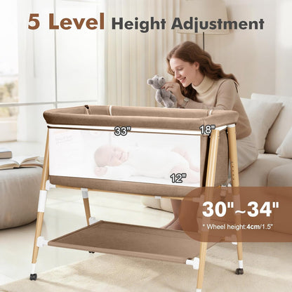 Baby Bassinet, 3 in 1 Bedside Bassinet Sleeper for Newborn, Portable Baby Crib with 4 Detachable Wheels & Adjustable Height, Breathable Mesh & Mattress, Mosquito Net& Storage Basket (Grey)