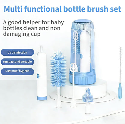 Portable Electric Silicone Bottle Brush Set, 7-in-1 UV LIGHT USB Charging, Nipple/Straw Cleaner, Milk Mixer, Built-in Drying Rack & Storage Case, BPA-Free, IPX7, On-the-Go for New Parents (Blush)