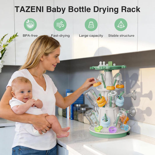 TAZENI Large Baby Bottle Drying Rack with 20 Hooks, Tree-Shaped Space Saving Countertop Bottle Dryer, 360° Air Flow, Non-Slip Stable Base - Baby Bottle Organizer, Newborn Essentials Must Haves