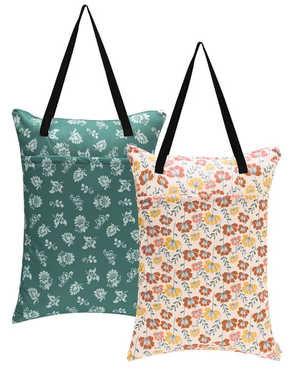 ALVABABY 2 Pack Large Wet Dry Bag Waterproof Hanging Cloth Diaper with Double Zippered Pockets 25x18 inches (Feather & Stripe)