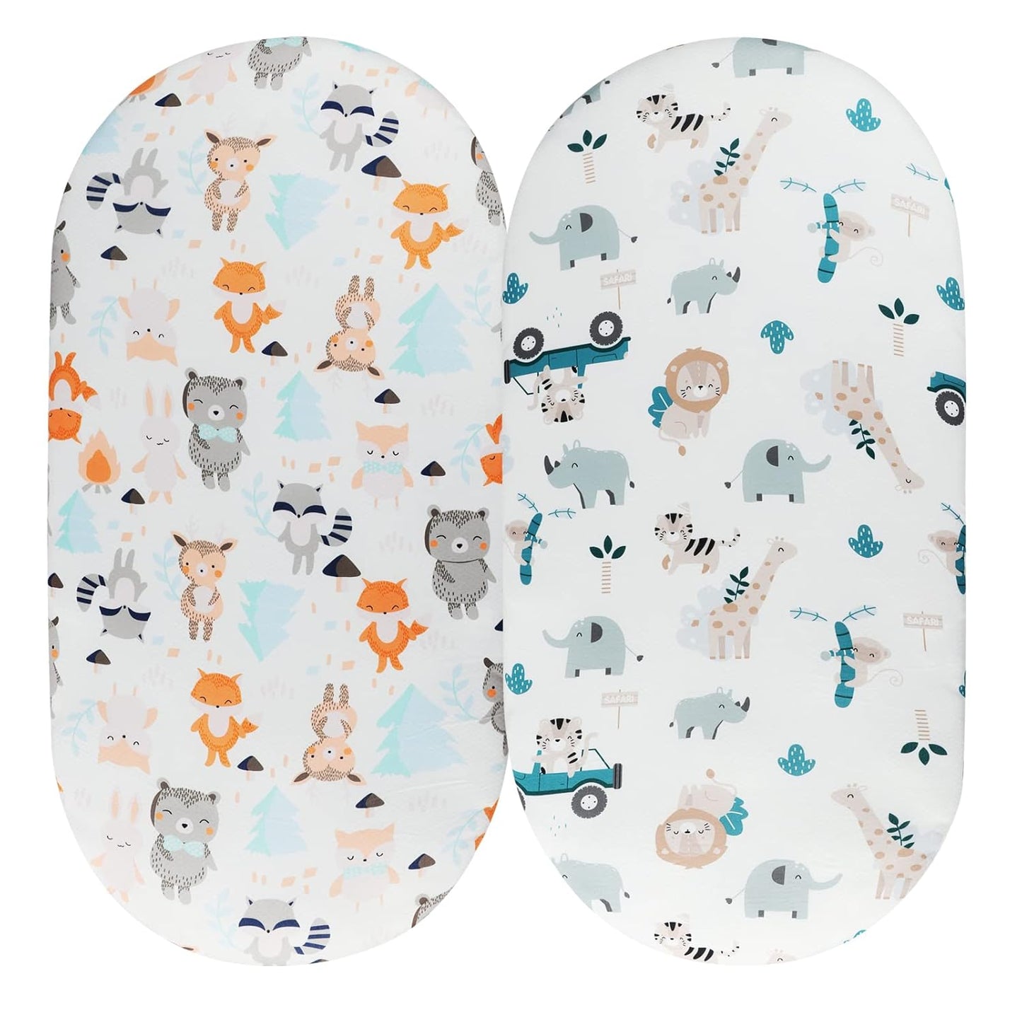 Bassinet Sheet Set 2 Pack Snug Fitted Bedside Sleeper Bassinet Sheets, Stretchy Ultra Soft, Unisex Boy Girl, Light Blue & Dinosaur