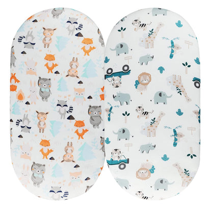 Bassinet Sheet Set 2 Pack Snug Fitted Bedside Sleeper Bassinet Sheets, Stretchy Ultra Soft, Unisex Boy Girl, Light Blue & Dinosaur