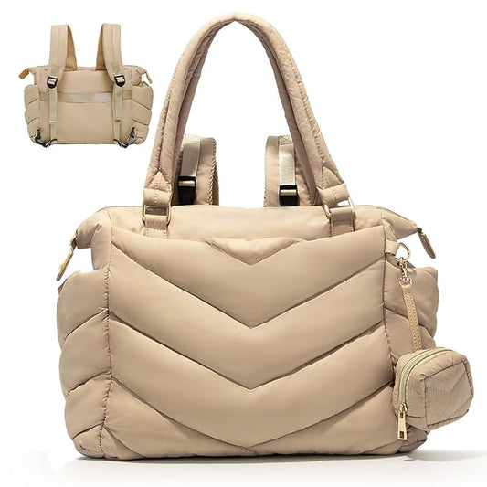Diaper Bag Tote, Diaper Bag Backpack,Puffer Tote Bag with Pacifier Case, Lightweight Mommy for Hospital, Puffy with 10 Pockets, Convertible Baby for Travel, Apricot